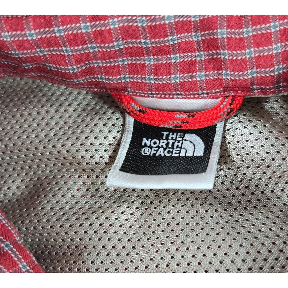 North Face Mens XL Flannel Button Down Shirt Red Gray Checkered Roll Tab Sleeves